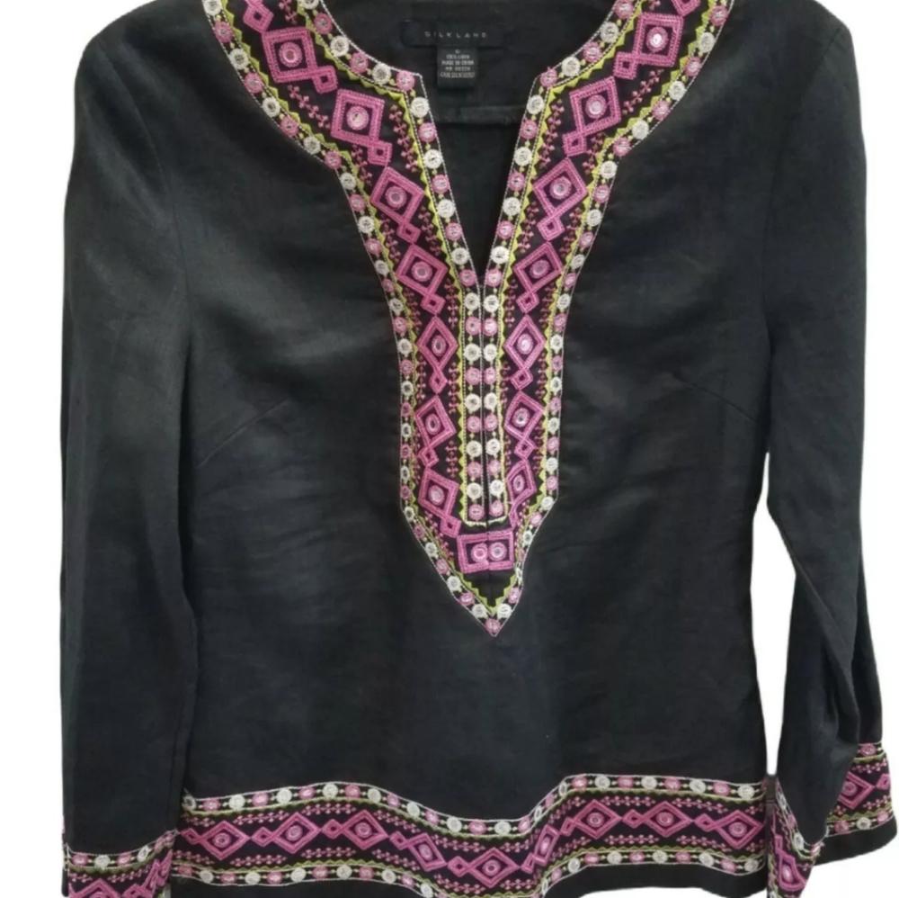 SILKLAND 100% Linen Black Pink Green Embroidered